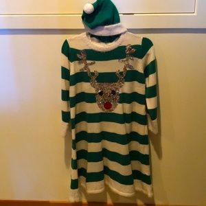 Ugly Christmas sweater dress with matching hat. Size small.